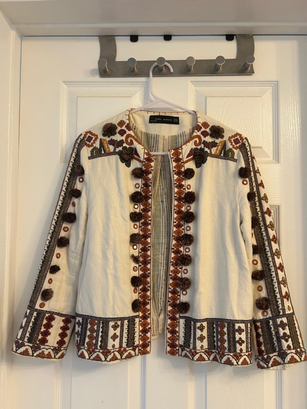 Zara Cream Embroidered Pom-Pom Jacket with Brown & Rust Accents